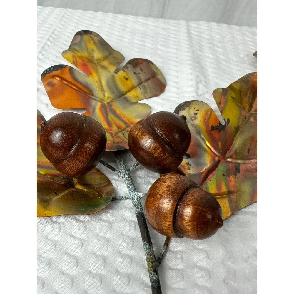 Vtg HOMCO Brass Copper‎ Oak Leaves Wood Acorns Wall Decor Autumn Fall 70s